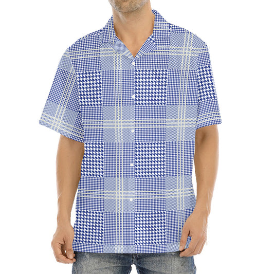 Blue And White Glen Plaid Print Aloha Shirt