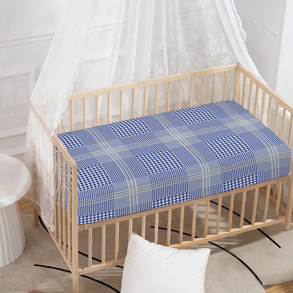 Blue And White Glen Plaid Print Baby Crib Sheet