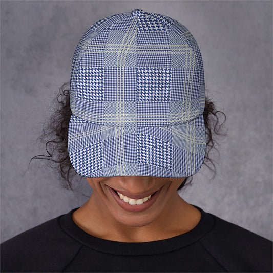 Blue And White Glen Plaid Print Baseball Cap