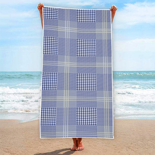Blue And White Glen Plaid Print Beach Towel