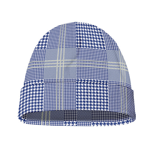 Blue And White Glen Plaid Print Beanie