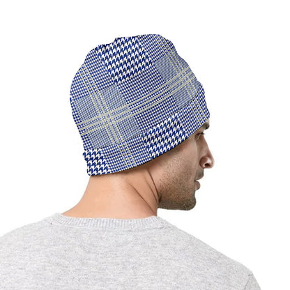 Blue And White Glen Plaid Print Beanie