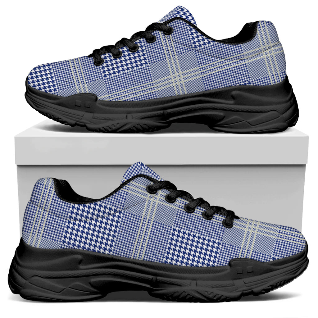 Blue And White Glen Plaid Print Black Chunky Shoes