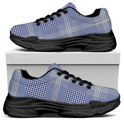 Blue And White Glen Plaid Print Black Chunky Shoes