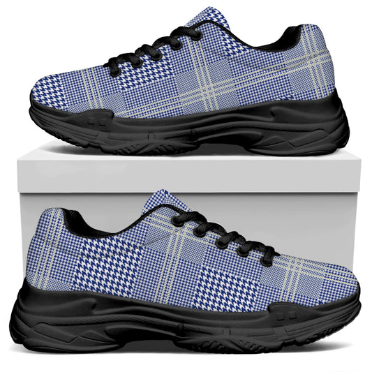 Blue And White Glen Plaid Print Black Chunky Shoes
