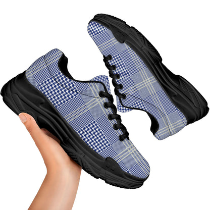 Blue And White Glen Plaid Print Black Chunky Shoes