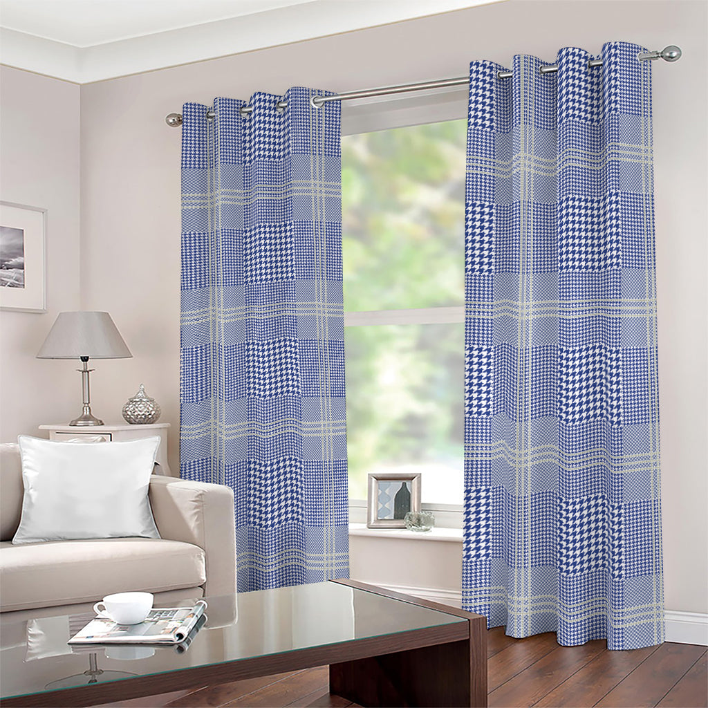 Blue And White Glen Plaid Print Blackout Grommet Curtains