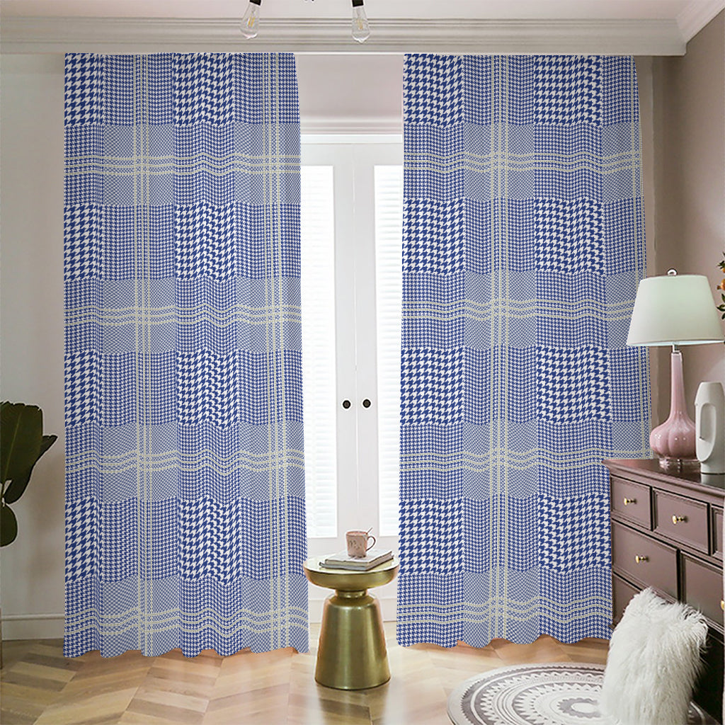 Blue And White Glen Plaid Print Blackout Pencil Pleat Curtains