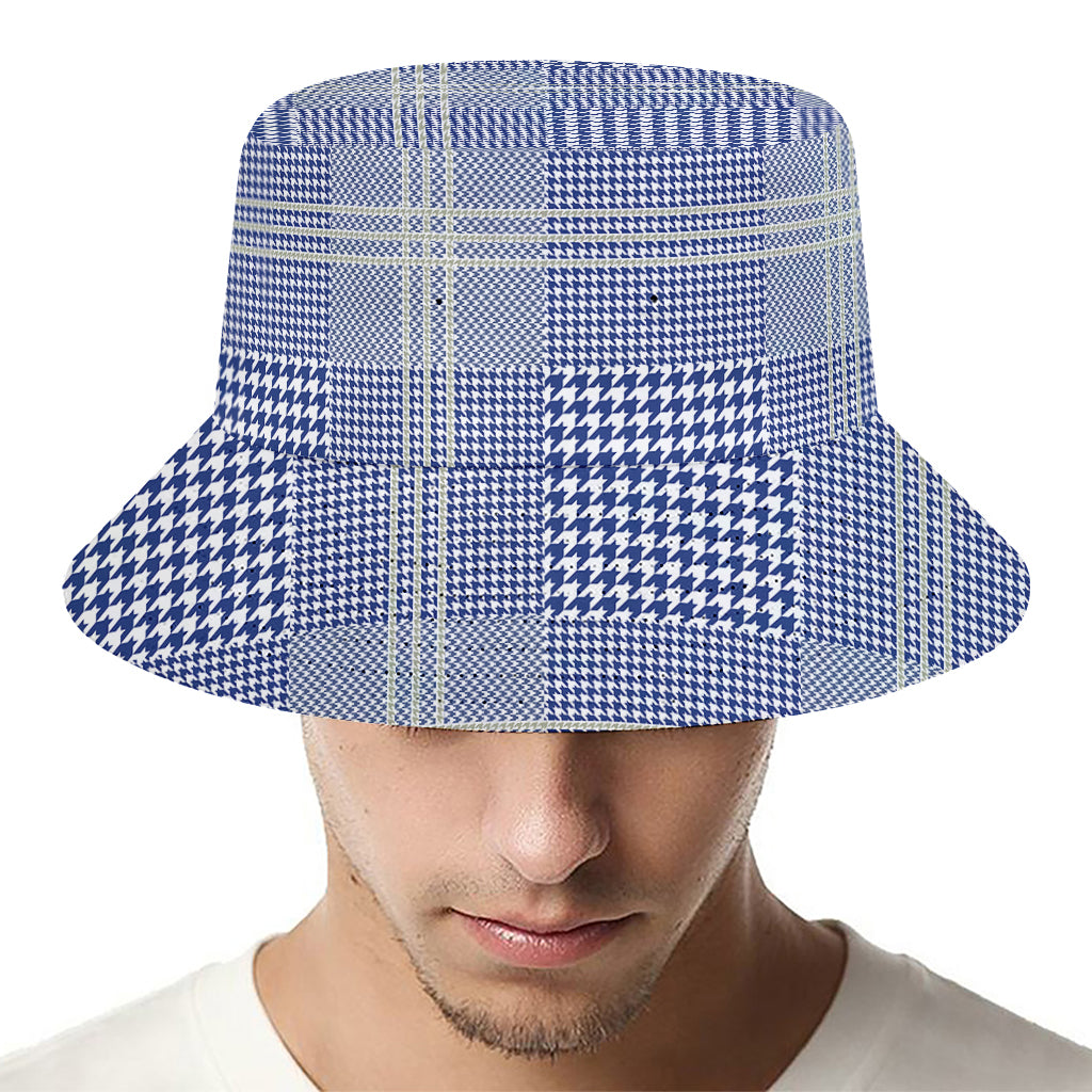 Blue And White Glen Plaid Print Bucket Hat