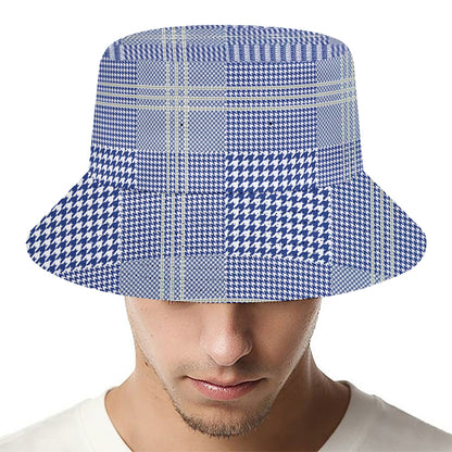 Blue And White Glen Plaid Print Bucket Hat