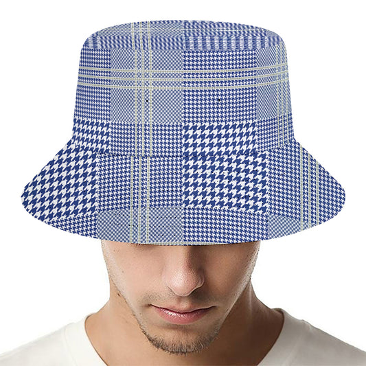 Blue And White Glen Plaid Print Bucket Hat