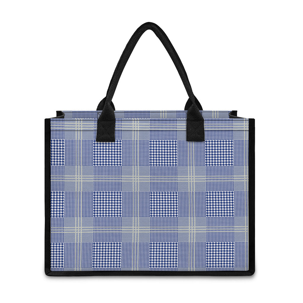 Blue And White Glen Plaid Print Canvas Tote Bag