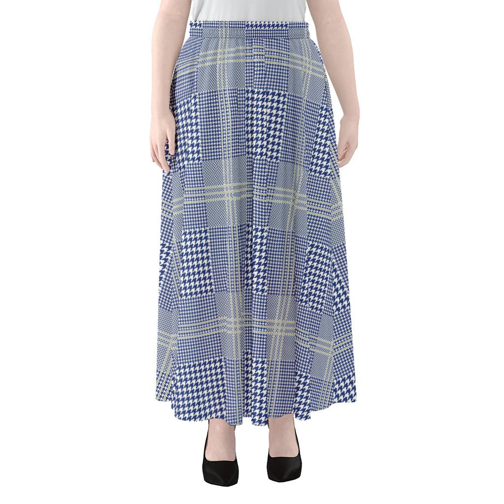 Blue And White Glen Plaid Print Chiffon Maxi Skirt