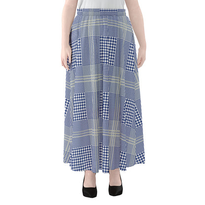 Blue And White Glen Plaid Print Chiffon Maxi Skirt