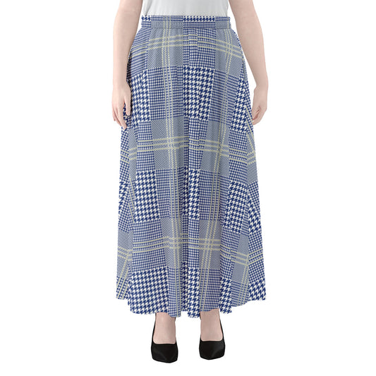 Blue And White Glen Plaid Print Chiffon Maxi Skirt