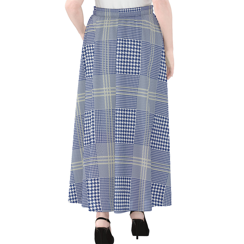 Blue And White Glen Plaid Print Chiffon Maxi Skirt