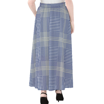 Blue And White Glen Plaid Print Chiffon Maxi Skirt