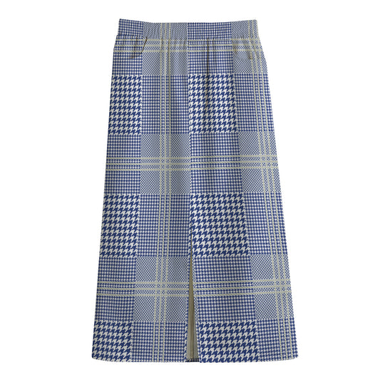 Blue And White Glen Plaid Print Cotton Front Slit Maxi Skirt
