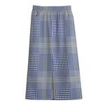 Blue And White Glen Plaid Print Cotton Front Slit Maxi Skirt