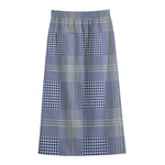 Blue And White Glen Plaid Print Cotton Front Slit Maxi Skirt