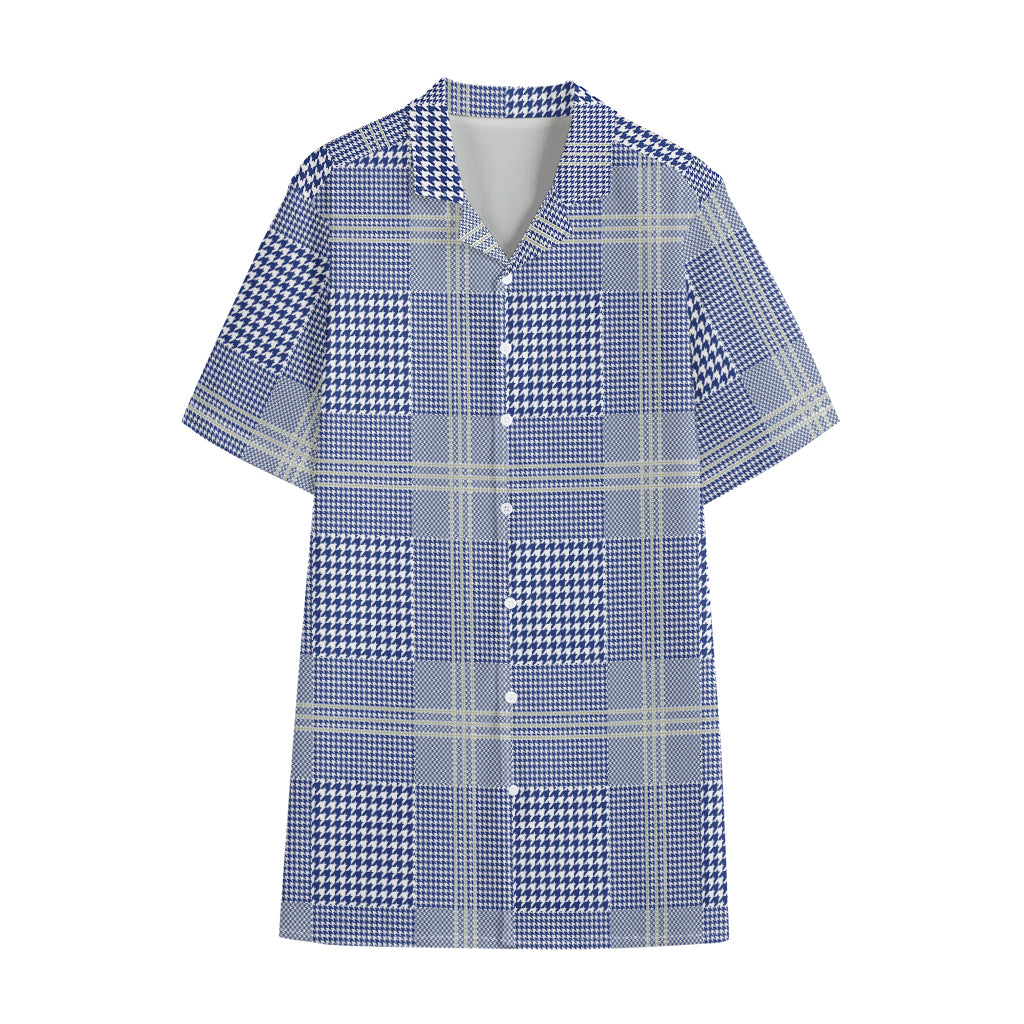 Blue And White Glen Plaid Print Cotton Hawaiian Shirt