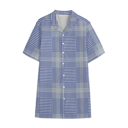 Blue And White Glen Plaid Print Cotton Hawaiian Shirt