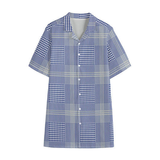 Blue And White Glen Plaid Print Cotton Hawaiian Shirt