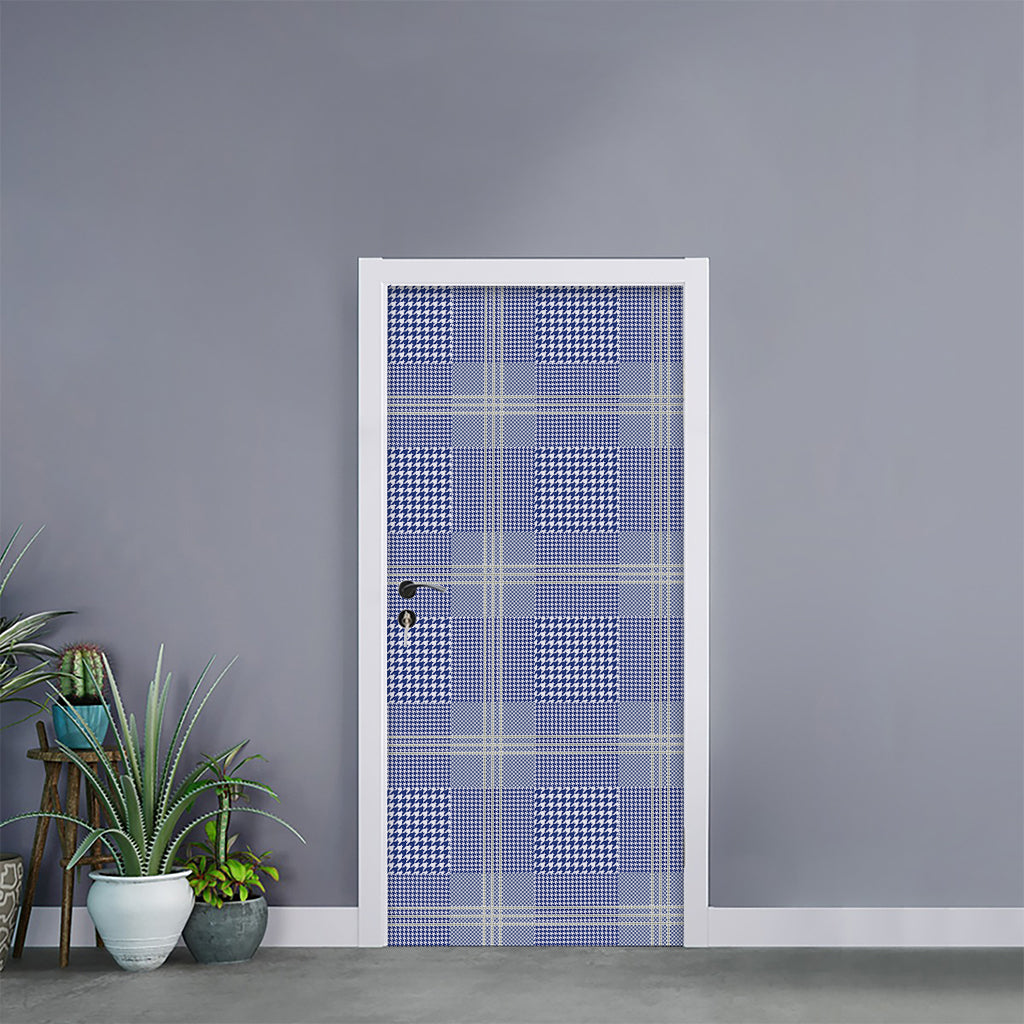 Blue And White Glen Plaid Print Door Sticker