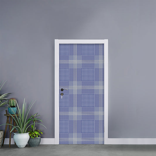 Blue And White Glen Plaid Print Door Sticker