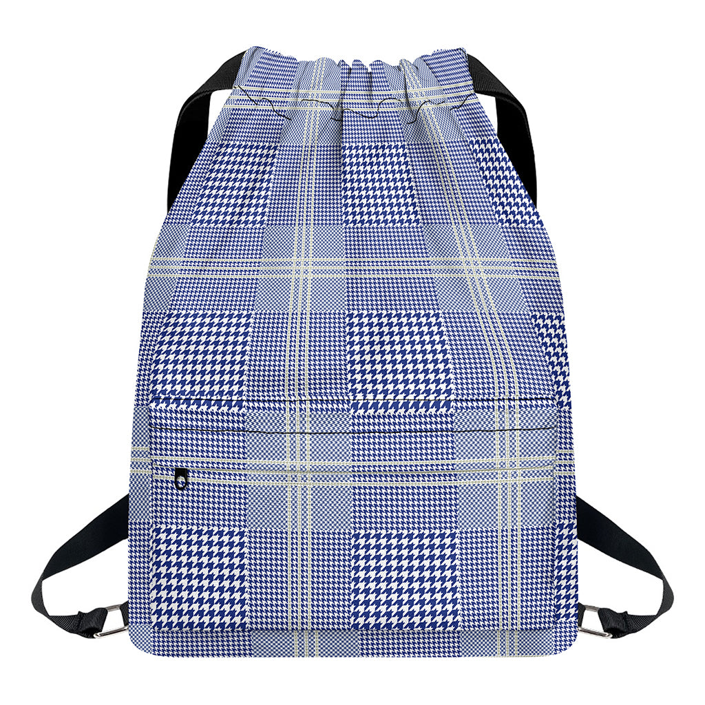 Blue And White Glen Plaid Print Drawstring Backpack