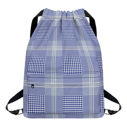 Blue And White Glen Plaid Print Drawstring Backpack
