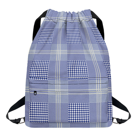 Blue And White Glen Plaid Print Drawstring Backpack