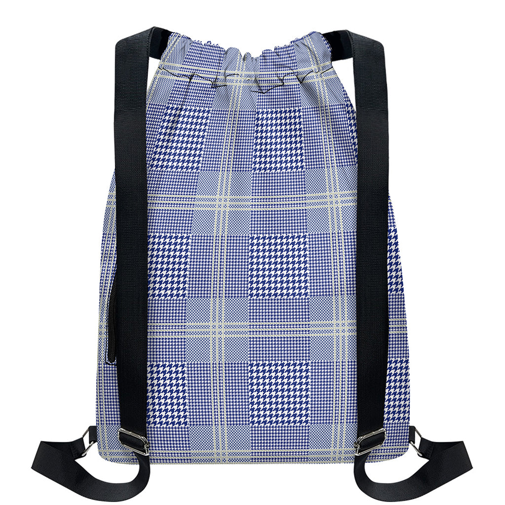 Blue And White Glen Plaid Print Drawstring Backpack