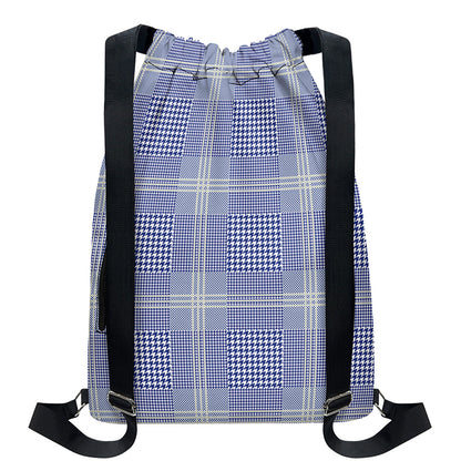 Blue And White Glen Plaid Print Drawstring Backpack