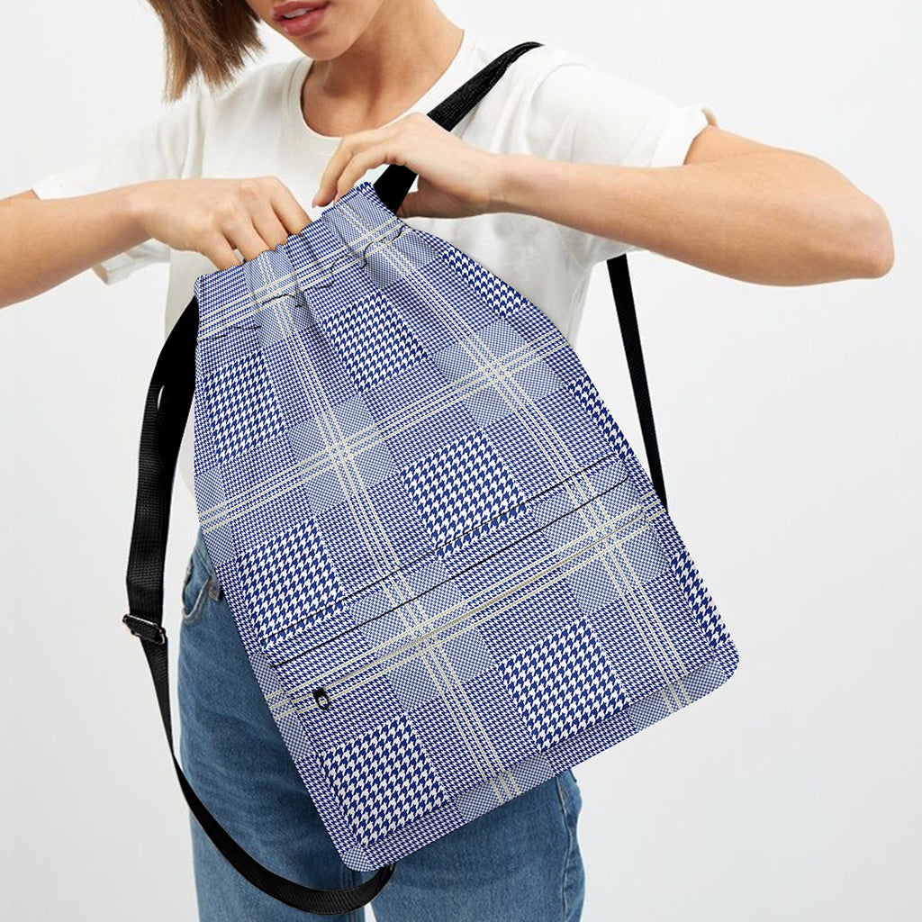 Blue And White Glen Plaid Print Drawstring Backpack