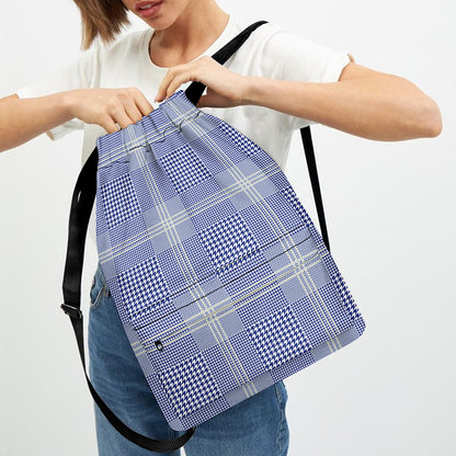 Blue And White Glen Plaid Print Drawstring Backpack