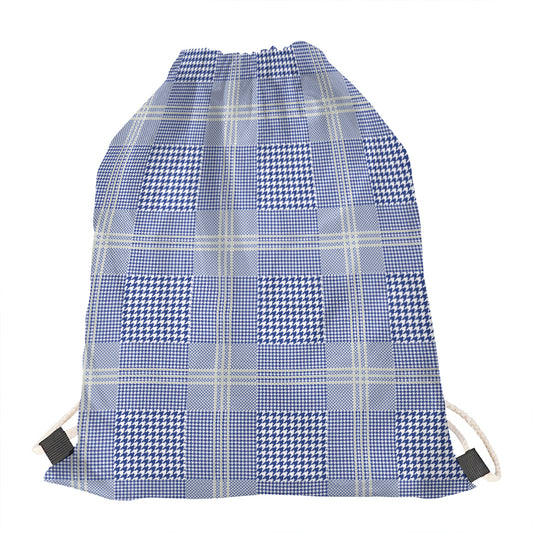 Blue And White Glen Plaid Print Drawstring Bag