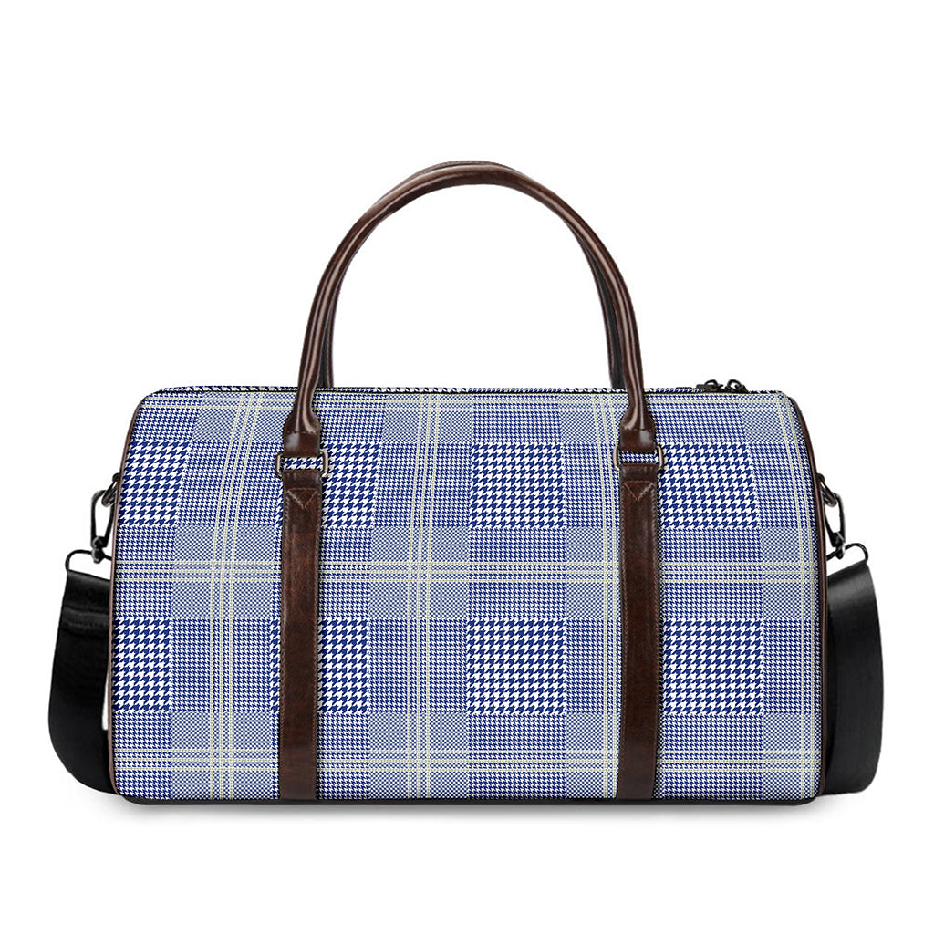 Blue And White Glen Plaid Print Duffle Bag