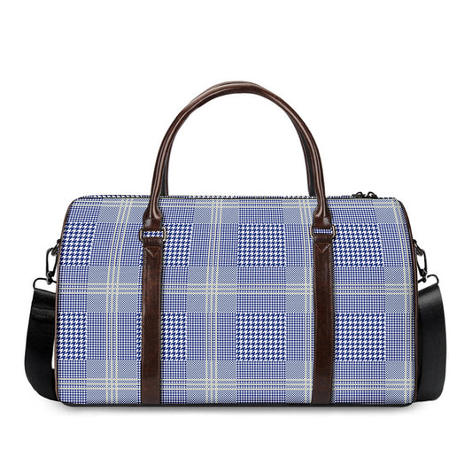 Blue And White Glen Plaid Print Duffle Bag