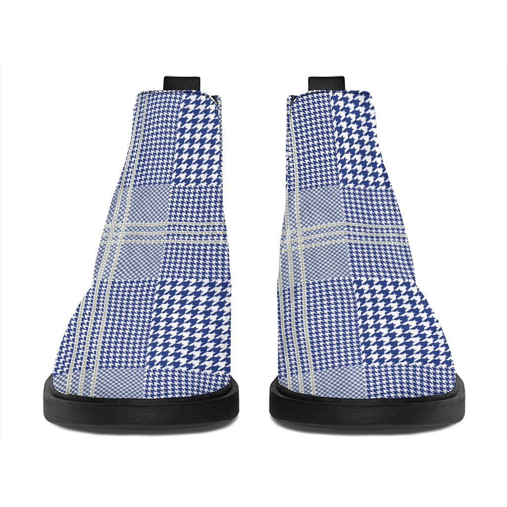Blue And White Glen Plaid Print Flat Ankle Boots