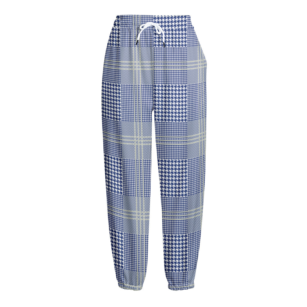 Blue And White Glen Plaid Print Fleece Lined Knit Pants