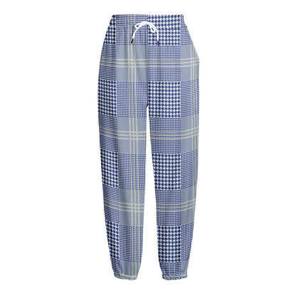 Blue And White Glen Plaid Print Fleece Lined Knit Pants