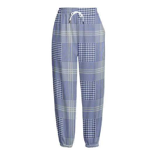 Blue And White Glen Plaid Print Fleece Lined Knit Pants