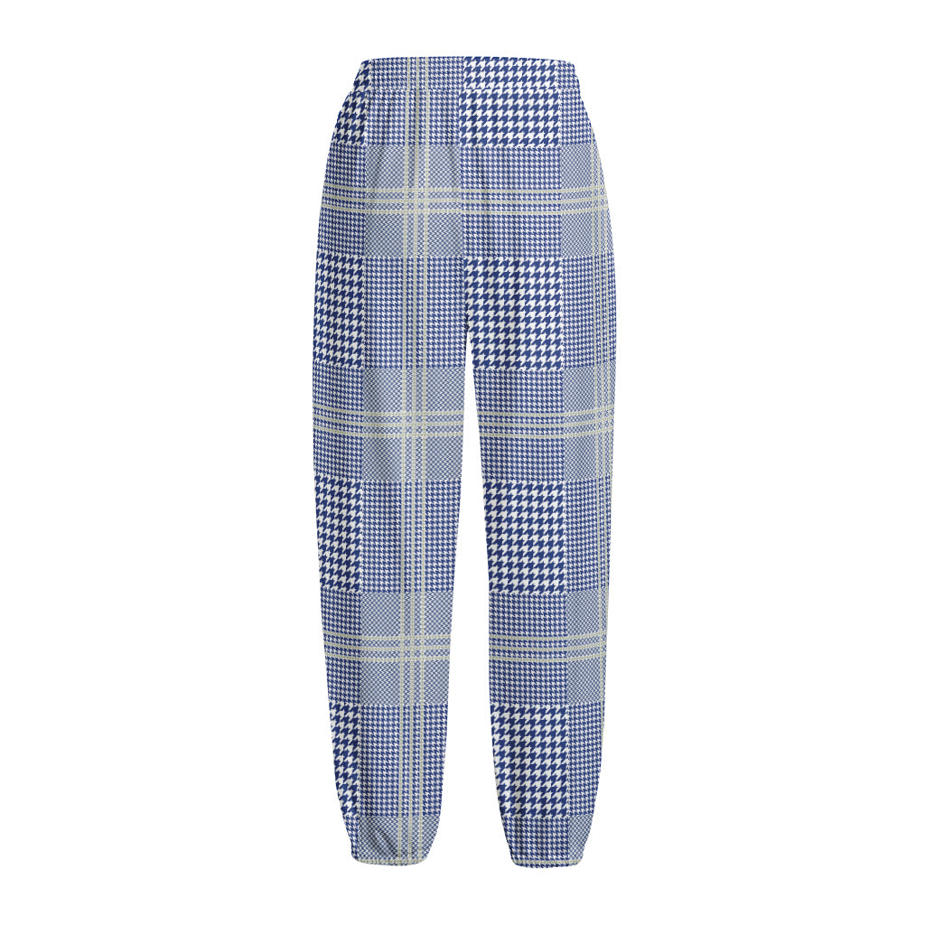 Blue And White Glen Plaid Print Fleece Lined Knit Pants