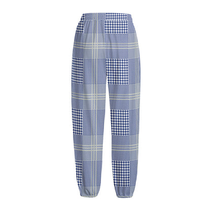 Blue And White Glen Plaid Print Fleece Lined Knit Pants