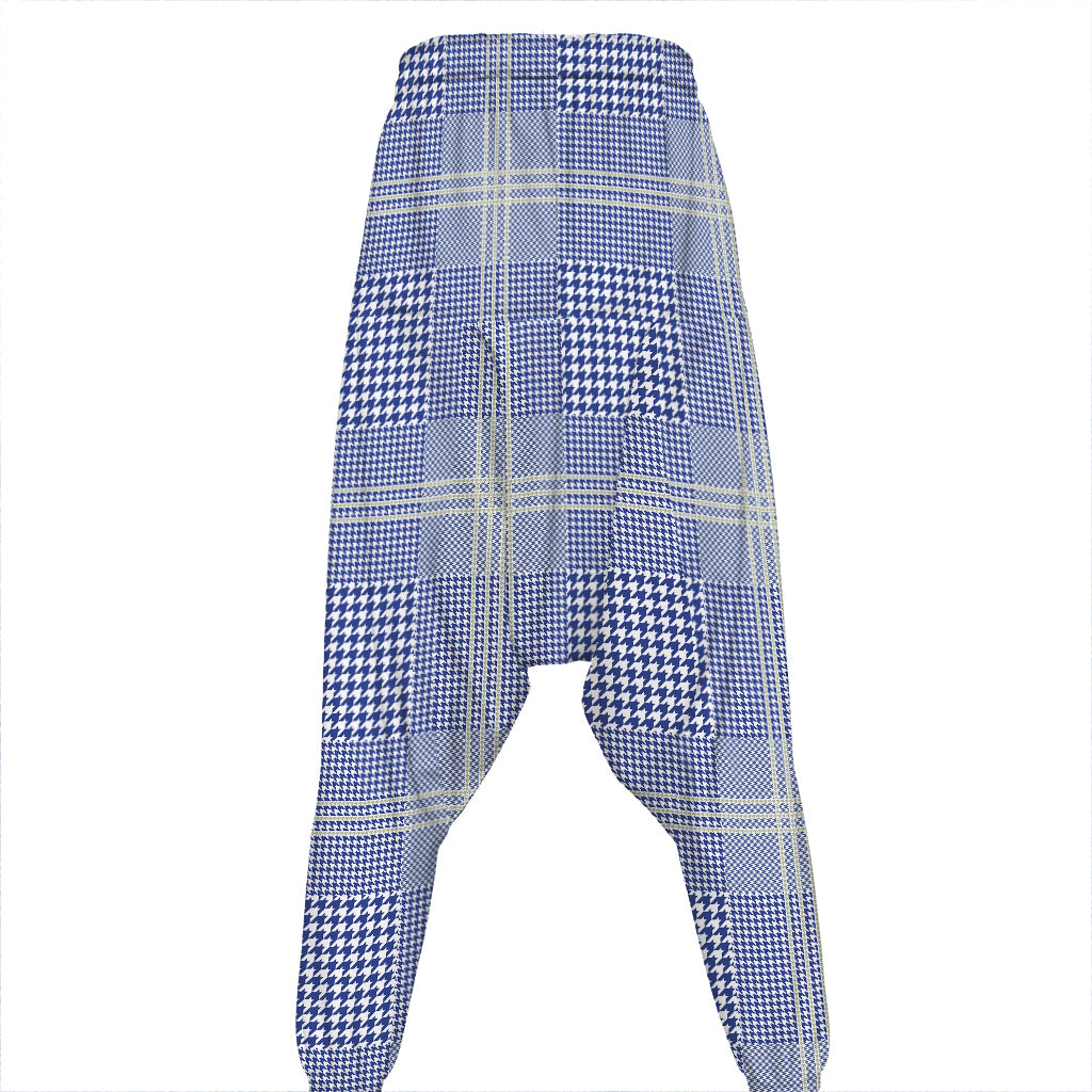 Blue And White Glen Plaid Print Hammer Pants