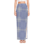 Blue And White Glen Plaid Print High Slit Maxi Skirt