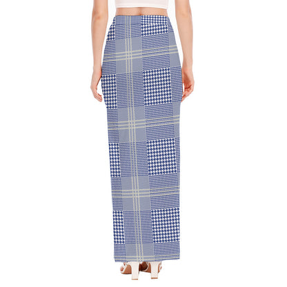 Blue And White Glen Plaid Print High Slit Maxi Skirt