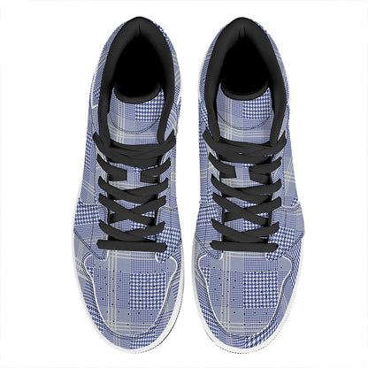 Blue And White Glen Plaid Print High Top Leather Sneakers