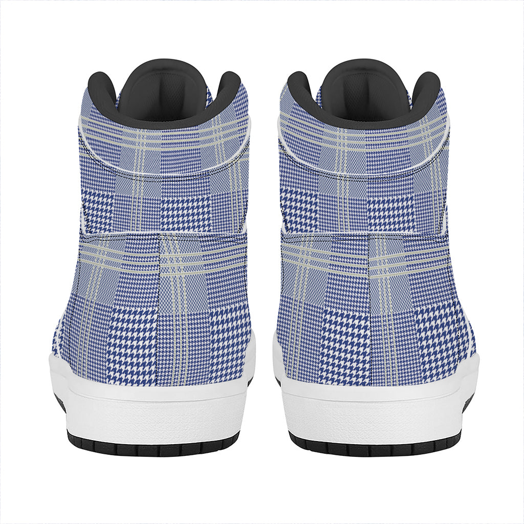 Blue And White Glen Plaid Print High Top Leather Sneakers